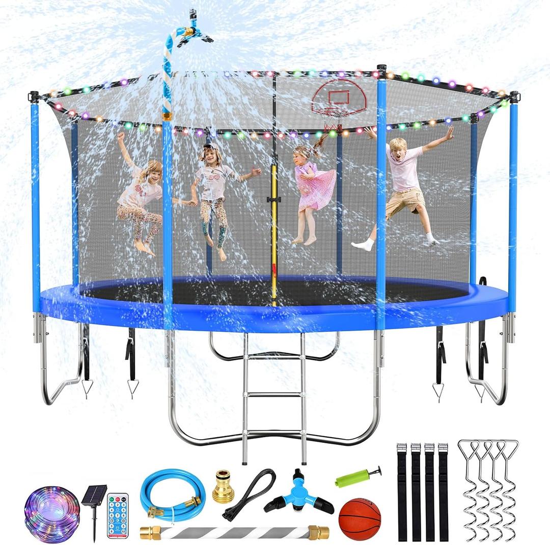 Lyromix 12FT Trampoline Outdoor,Light/Sprinkler/Basketball Hoop, Blue