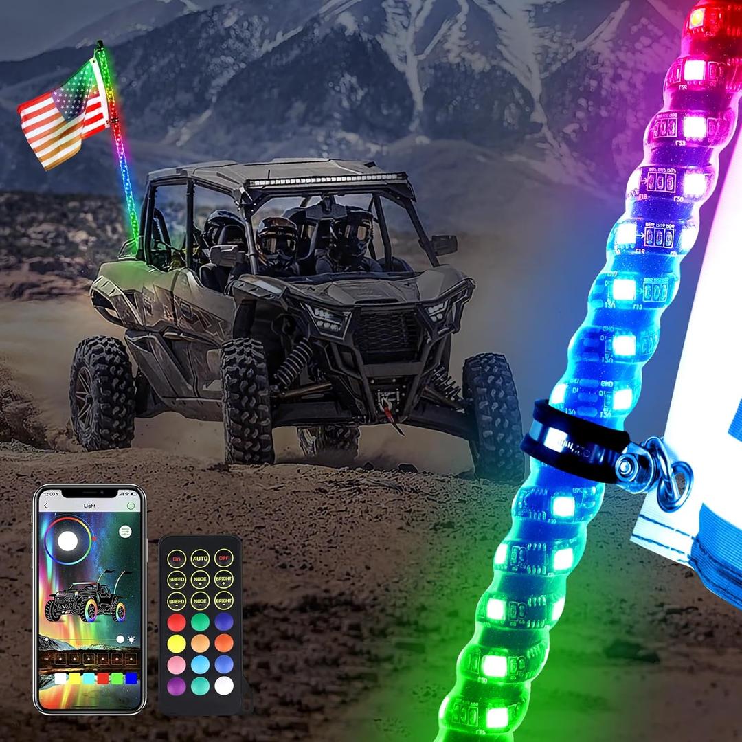 2FT 1PC LED Whips Light with Dacning/Chasing and Can Controlled by Remote and app Simultaneously with Lock Function