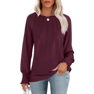ANRABESS Long Sleeve Shirts for Women 2025 Fall Dressy Casual Tops Pleated Crewneck Loose Basic Blouses Fashion (Red, S)