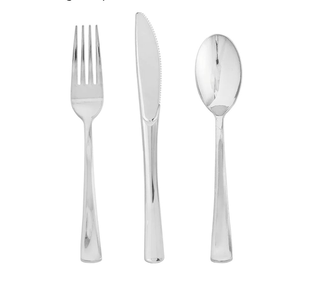 FOCUSLINE 75 Pack Silver Plastic Silverware Disposable Cutlery Set - 25 Forks Knives Spoons - Disposable Flatware Heavy Duty Plastic Utensils Set for Catering, Parties, Dinners, Weddings