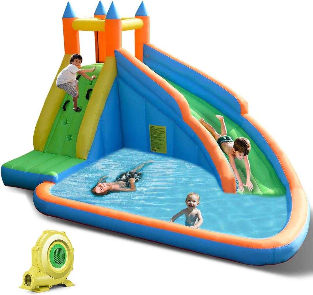 Costzon Inflatable Water Slide, Giant Bouncy Waterslide Park for Kids Backyard Outdoor Fun w/ 480w Blower, Climbing, Splash Pool, 2-pcs, Blow up Water Slides Inflatables for Kids Party Gift