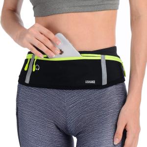 USHAKE Slim Running Belt, Workout Fanny Pack for Men Women,Exercise Waist Pack for Apple iPhone Holder, Runner Belt for Running Walking Cycling Camping Gym (black/3 yellow zippers)