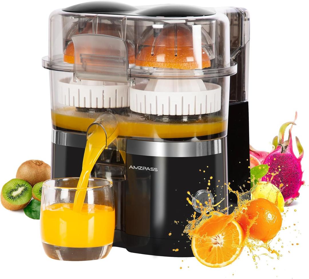 Amzpass Dual-Head Electric Citrus Juicer, Lemon Squeezer with Power Cord and Cleaning Brush, 1-Button Automatic Juicer Machine for Orange, Lemon, Lime, Easy to Clean & Use, Built-In Cutter(Black)