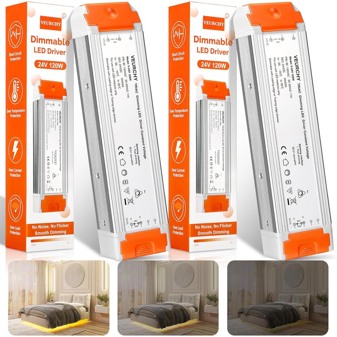 24V Dimmable LED Driver 120W AC 120V to DC 24 Volt Dimmable Lighting Low Voltage Transformers Compatible with Lutron & Leviton Dimmer Switches, 24V Power Supply for LED Strip Lights 2 Pack