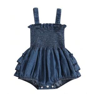Newborn Baby Girls Rainbow Rompers Sleeveless Summer Ruffle Bodysuit Denim Rib Jumpsuit Headwear Outfit Sets 90