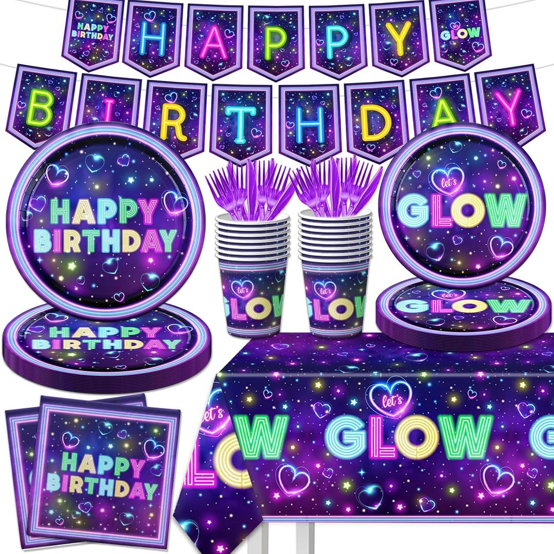Glow Neon Party Supplies Tableware Set, 142Pcs Let's Glow Birthday Party Decorations Include Neon Plates and Napkins,Cups,Glow Tablecloths for Neon Party Decorations, Serves 20