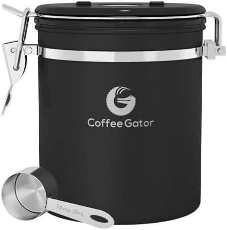 Coffee Gator Coffee Canister, 16oz Airtight Stainless Steel Kitchen Food Storage Container with Date Tracker, CO2-Release Valve and Scoop for Sugar, Beans, Tea, Sugar, Cereal, Cookies Jars - Black