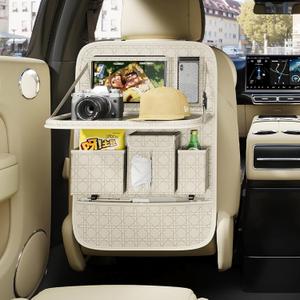 GMQ Backseat Car Organizer 1 Pack, Car Back Seat Organizers with Tray,Multifunctional Car Seat Back Organizer with Foldable Tablet Holder (Beige, 1 PC)