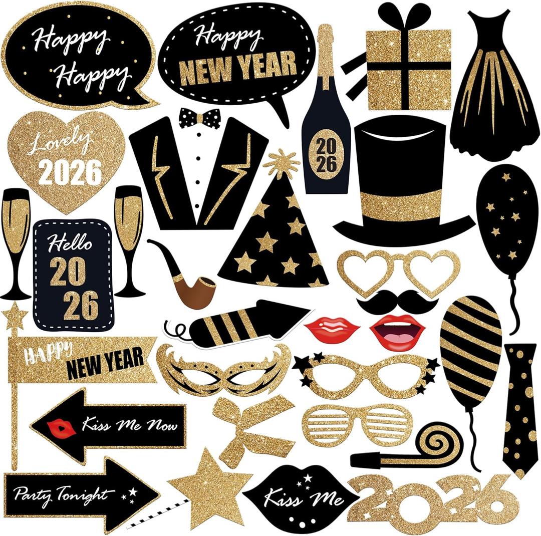 KatchOn, Glitter New Years Photo Booth Props 2026 - Pack of 32 | New Years Eve Photo Booth Props for Happy New Years Decorations 2026 | New Years Eve Party Supplies 2026 | NYE Decorations 2026 (Black & Gold)