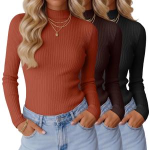 Xaatren 3 Pack Women's Mock Turtleneck Tops Ribbed Long Sleeve Shirts Mock Neck Slim Fit Undershirt Casual Basic Layering Tee (Black, Brown, Pumpkin)