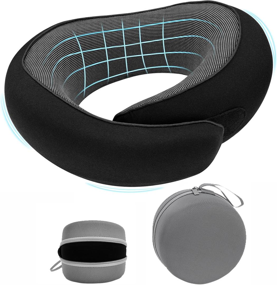 Travel Neck Pillow for Airplane - 100% Memory Foam 360 Ergonomic Support - Adjustable Velcro, Washable Velvet Cover & Compact Storage Case - Flight Essentials for Sleeping (Black)