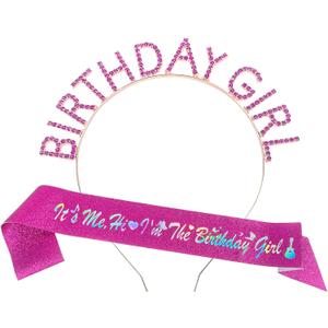 LOOMI Birthday Sash for Women Hot Pink Sash & Tiara Set -IT'S ME. HI, I'M THE Birthday Girl - Party Decorations for Girls, Rhinestone Headband Gifts