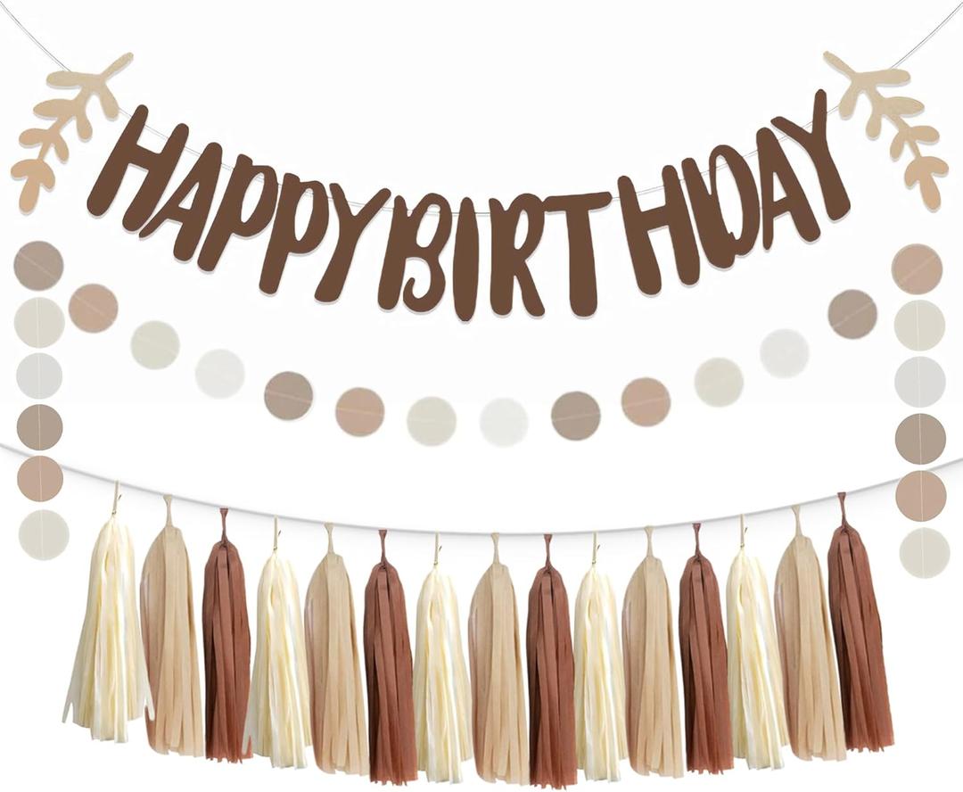 Brown Tan Beige Boho Happy Bithday Sign Banner Nude Neutral Party Tassel Garland Circle Dot Hanging Paper Streamers Backdrop Teddy Bear 1st 2nd Birthday Party Nursery Dcor