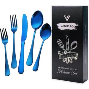 Blue Silverware Set Flatware Cutlery - 20 Pieces Stainless Steel Tableware Set Service for 4,Include Fork Knife Spoon,Mirror Polished,Dishwasher Safe (Blue Silverware 20 Pieces)