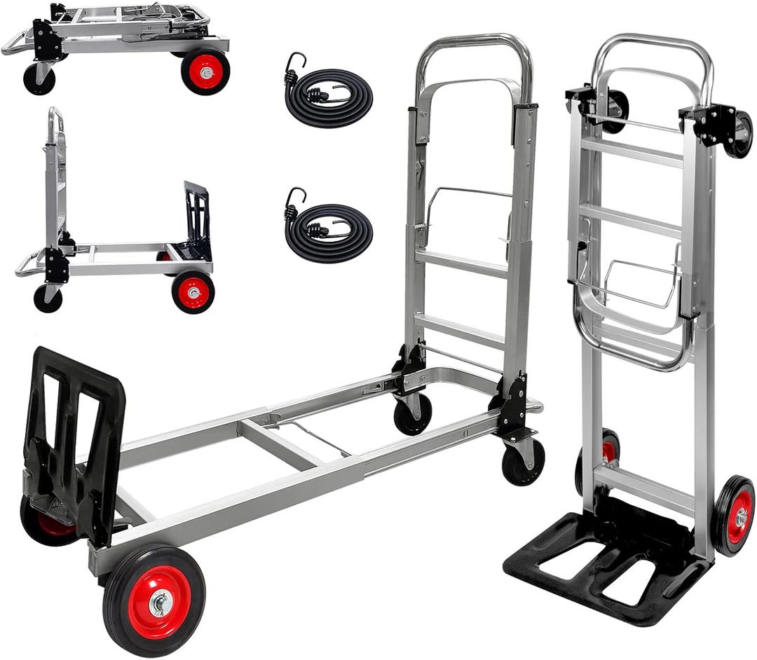 Aluminium Hand Truck Dolly Heavy Duty 440lbs Capacity 2 in 1 Convertible Folding Hand Truck with Pneumatic Wheels and Telescoping Handles,Portable Dolly Cart with Bungee Cords for Moving.