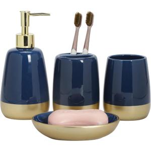 Navy Blue Gold Luxury Bathroom Accessories Set 4 Pieces,Vanity Countertop Ceramic Accessory Set for Bathroom Decor with Soap Dispenser,Toothbrush Holder, Tumbler,Soap Dish (Navy Blue)