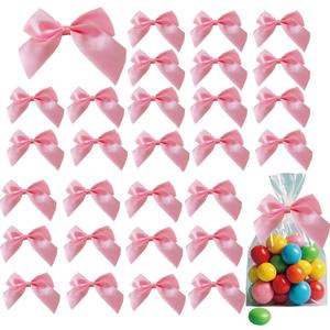 50PCS Pink Satin Ribbon Bows, Pink Bows for Gift Wrapping, Pink Bows Twist Tie Bows with Double-Sided Tape for Treat Bags Wrapping for Baby Shower Wedding Decorations(2.7x2.5 Inch)