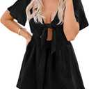 Aoysky Womens Summer Short Rompers Sexy Cute Loose Tie Front Jumpsuit Casual V Neck Wide Leg Beach Overalls (XX-Large, Swiss Dot Black)