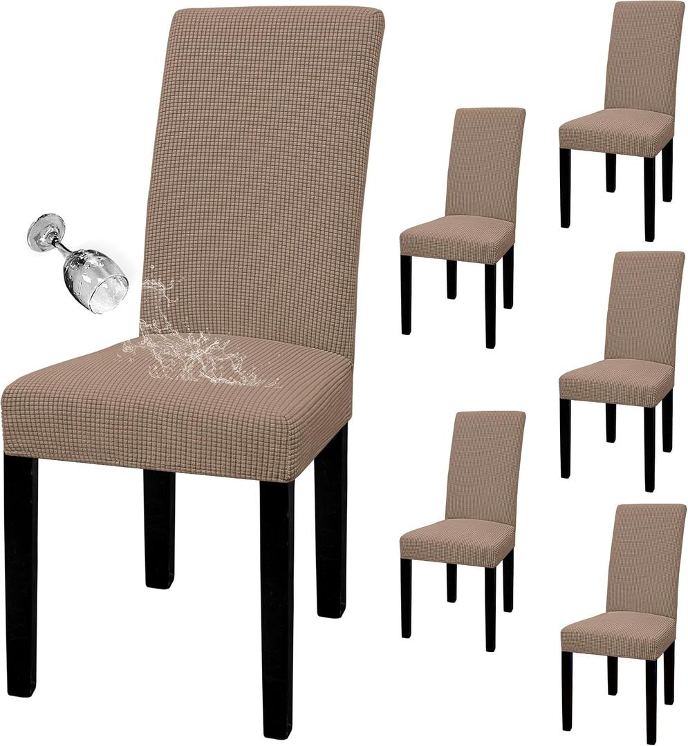 Easy-Going 100% Waterproof Dining Room Chair Cover Set of 6, Stretch Jacquard Parson Chair Slipcover Removable Washable Chair Protector for Home, Restaurant, Banquet (Large, Camel)