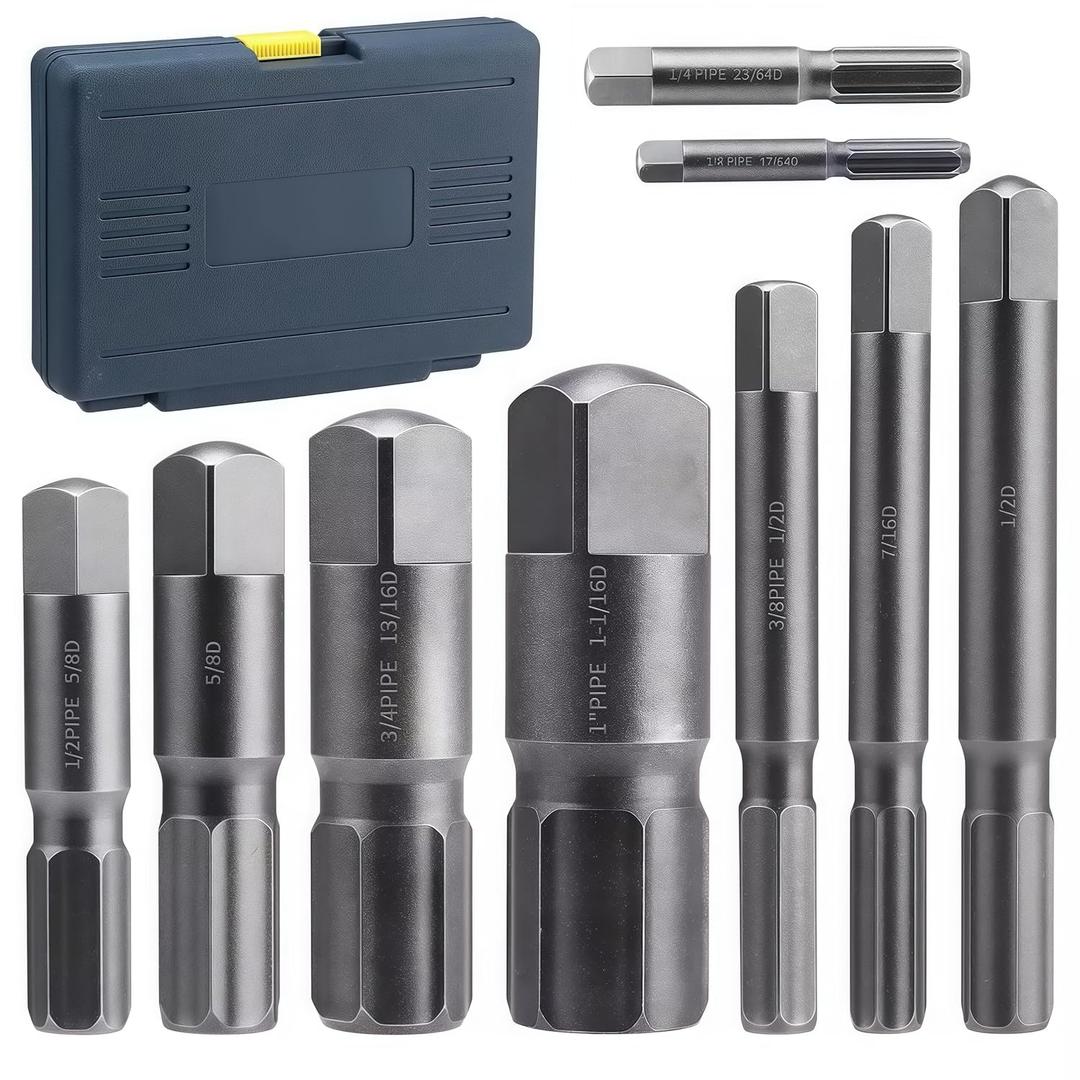 9 Pcs Broken Pipe Extractor Tool, Bolt Extractor Set for Removing Damaged Threaded Pipes & Fittings, 1/8" to 1", Internal Pipe Wrench, Plumber Tools with Storage Case