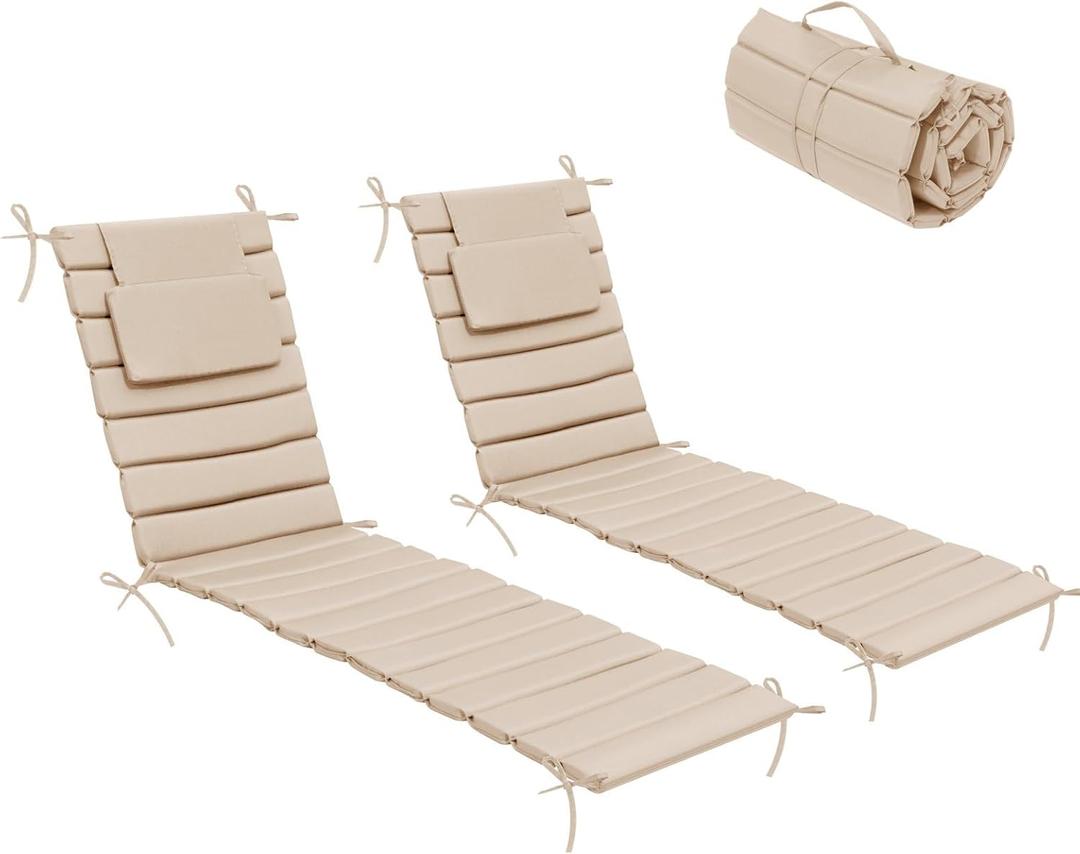 Crestlive Products Chaise Lounge Cushion Outdoor Set of 2, Waterproof Foldable Pool Lounge Chair Cushions with Straps, Lounger Cushions for Outdoor Furniture, Patio, Lawn, 71''Lx21''W (Beige)