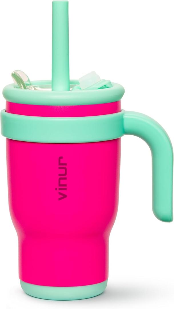 VINUR Kids Tumbler with Handle-14 oz Stainless Steel Double Wall Vacuum Tumbler with Straw, Travel Leak Proof Water Cup with Lid (Rose Pink)