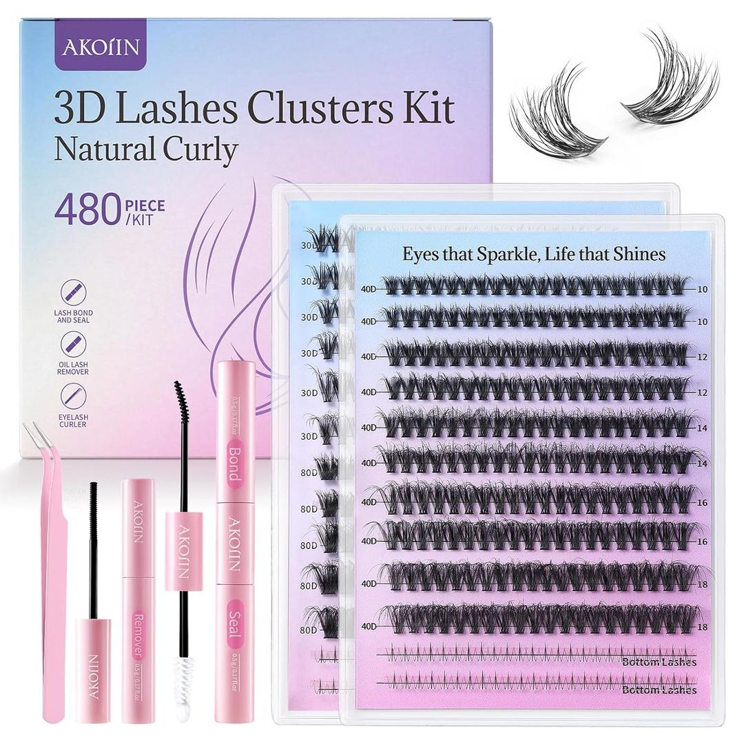 AKOIIN D-Curl Lash Clusters Kit, 480pcs Cluster Eyelash Extensions with Bottom Lashes, 3D Wispy Natural Eyelashes, (30D 40D 80D Mixed, 10-18mm), Includes Bond, Seal, Remover & Tweezer for Beginners