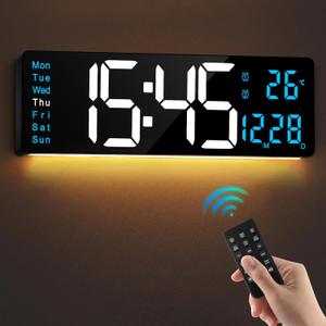 LEIKE 16" Large Digital Wall Clock Timer,Remote Control,2 Alarms, LED Display,Auto DST,Temperature,Modern Night Light Clock for Living Room,Bedroom,Desk,Mounted Decor(Black,White Blue LED) (16INCH, Black Clock and Blue White Led)
