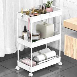 SPACELEAD 3 Tier Rolling Cart with Wheels, Storage Craft Art Trolley Organizer Serving, 3 Hanging Baskets Easy Assembly, for Office, BathroomLiving Room, Kitchen, White