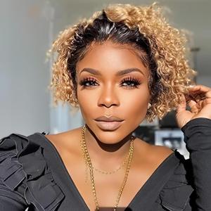Ombre Blonde Pixie Cut Wig Human Hair, 6 Inches Short Curly Lace Bob Wig 13X1 Transparent Lace Front Wigs for Black Women (1B/27#)