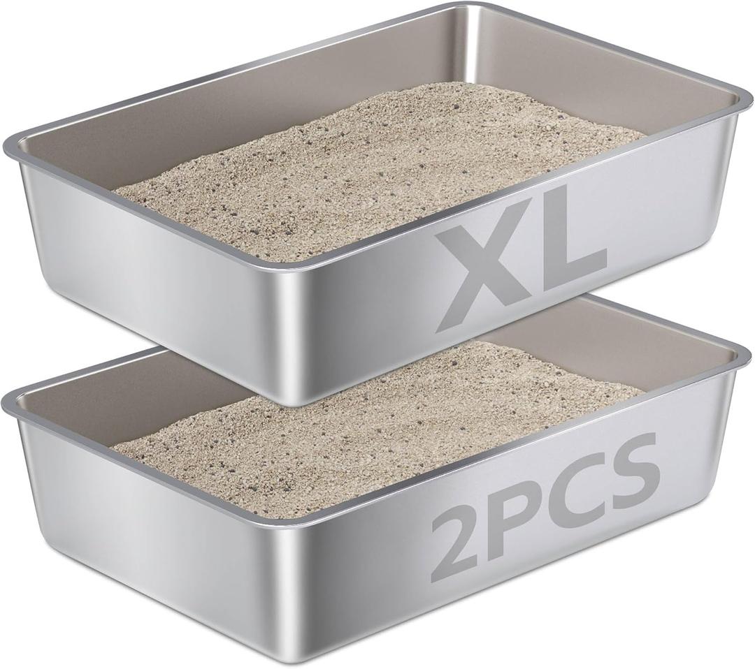 Stainless Steel Litter Box XL 2Pcs,XLarge Metal Cat Litter Box | Cat LitterBox Easy to Clean,Stainless Steel LitterBox for Large/Medium Cats,No Stick No Smell
