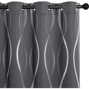 NICETOWN Grey Blackout Striped Pattern Curtains for Living Room 84 inch Long 2 Panels Set, Noise Reducing Thermal Insulated Wave Line Foil Print Bedroom Drapes for Patio Sliding Glass Door (52 x 84)