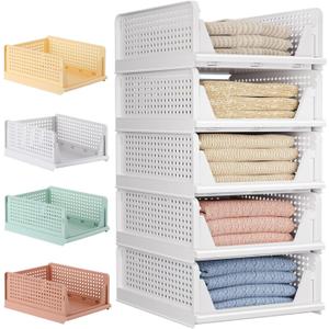 5 Pack Folding Closet Organizers Storage Box, Stackable Storage Bins, Plastic Drawer Basket Closet Storage for Wardrobe Cupboard Kitchen Bathroom Office 5L (White)