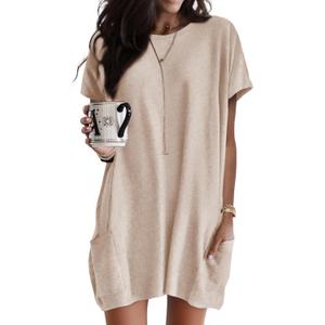 Dokotoo Womens Summer Casual Crewneck Long T-Shirts Loose Fit Solid Color Short Sleeve Long Tunic Tops to Wear with Leggings Oversized Shirts with Pockets for Women Khaki X-Large