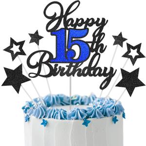 Happy 15th Birthday Cake Toppers, Black Blue Glitter Cake Decorations Set, 15th Birthday Decor, Birthday Anniversary Party Decorations Supplies