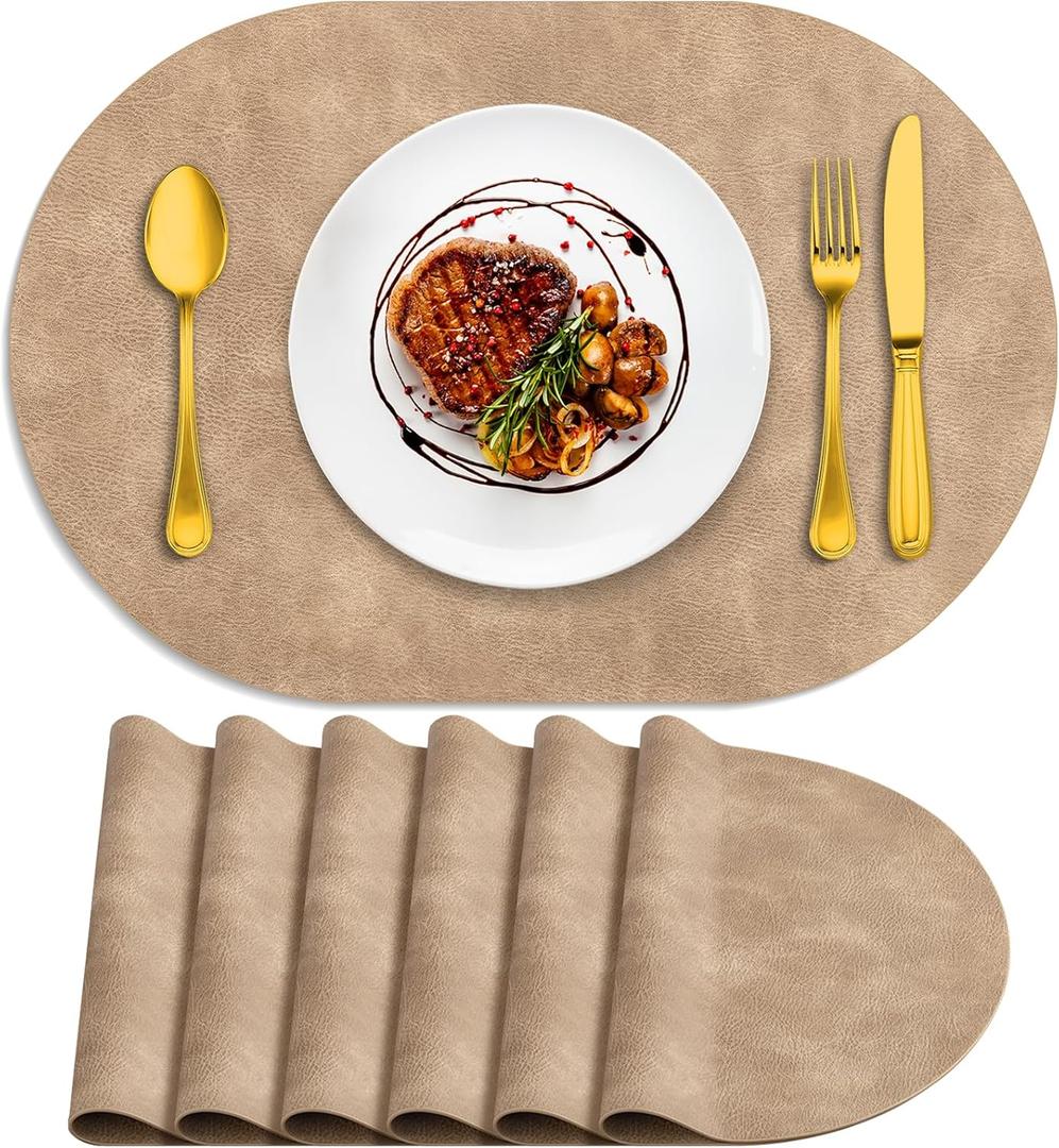 ADRIMER Placemats, Heat Resistant Oval Placemats Set of 6 Washable 12 x 17 Inch, Waterproof Table Placemats Set of 6, Wipeable Faux Leather Placemats for Kitchen, Dining Room, Apricot