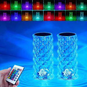 2Pack Crystal Table Lamp (Touch & Remote), 4 Modes 16 Color Changing Night Light, Rechargeable, Dimmable, RGB Rose Diamond Mood Lighting, Protable Cordless Desk Lamp for Bedroom Living Room Party
