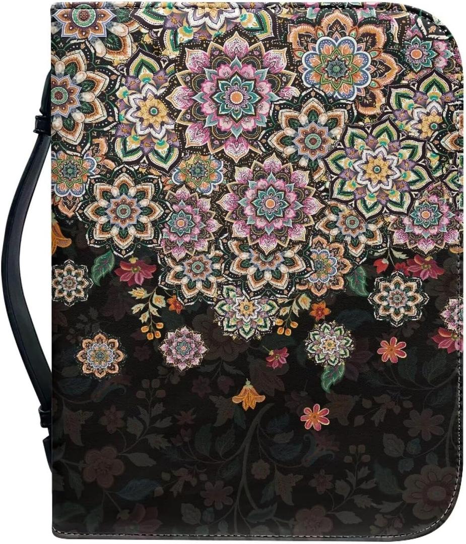 Suobstales Boho Mandala Flower Print Bible Cover for Women Men PU Leather Makeup Organizer Expand Brief Case Journal Case Christian Purses Handbags with Handle and Zippered, XL