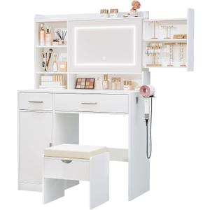 Viaozutis Vanity Desk with Mirror and Lights, with Hidden Shelves,4 Compartments,2 Drawers,Cabinet & Stool,Dimmable LED Lights,Power Outlets, Ideal for Bedroom Vanity Organization(White)