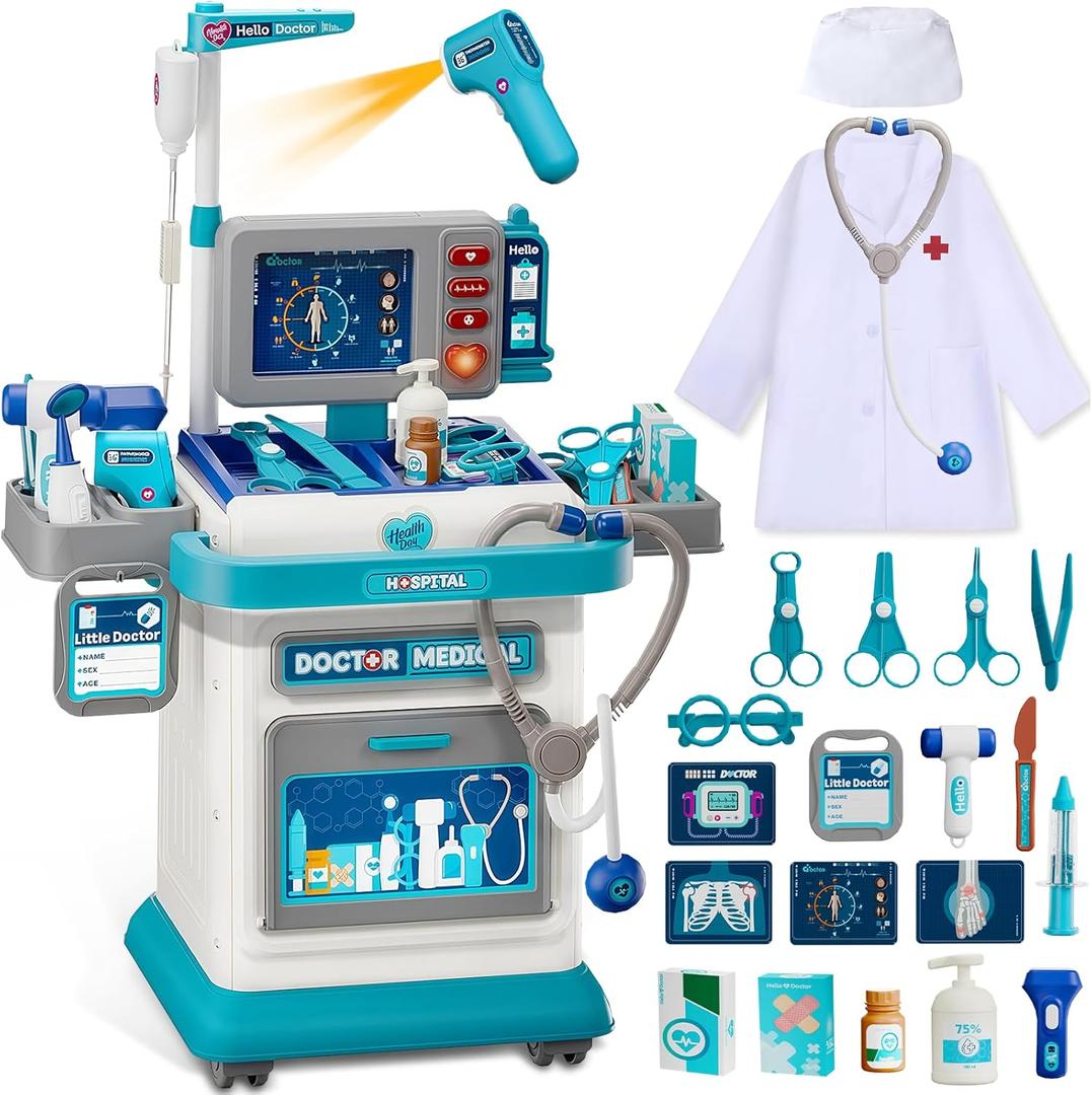 Doctor Kit for Toddlers 3-5, Pretend Doctors Play Set with Cart, Costume and Stethoscope for Kids Aged 3 4 5, Role Play Medical Toys for Girls Boys, Christmas Birthday Educational Gift for Toddler, child-size
