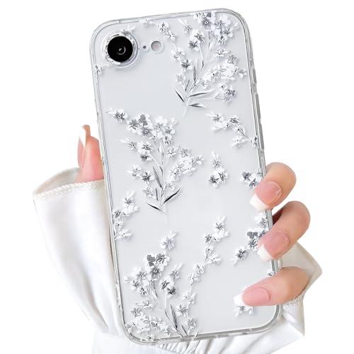 NITITOP Compatible with iPhone 16e Case Cute Clear Flower Floral Artistic Design for Women Girls Stylish Slim Soft TPU Shockproof Protective Girly Phone Cover - White