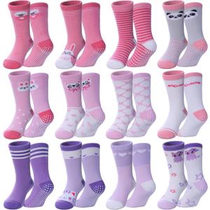 Toddlers Girls Non Slip Grip Socks - Cotton Crew Socks with Grippers 12 Pairs 1-3T