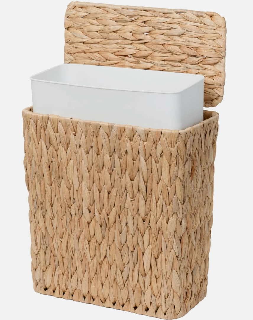Coeusy 3 Gallon Wicker Trash Can,Small Bathroom Trash Can with Lid,Natural Water Hyacinth Wicker Waste Basket for Bedroom,Toilet,Narrow Garbage Can with Removable Liner