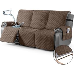 TAOCOCO 100% Waterproof Recliner Couch Covers, Recliner Sofa Covers with Leg Straps, 1-Piece Washable Reclining Sofa Cover with Pocket Couch Protector for Pets Kids(3 Seater, Brown)