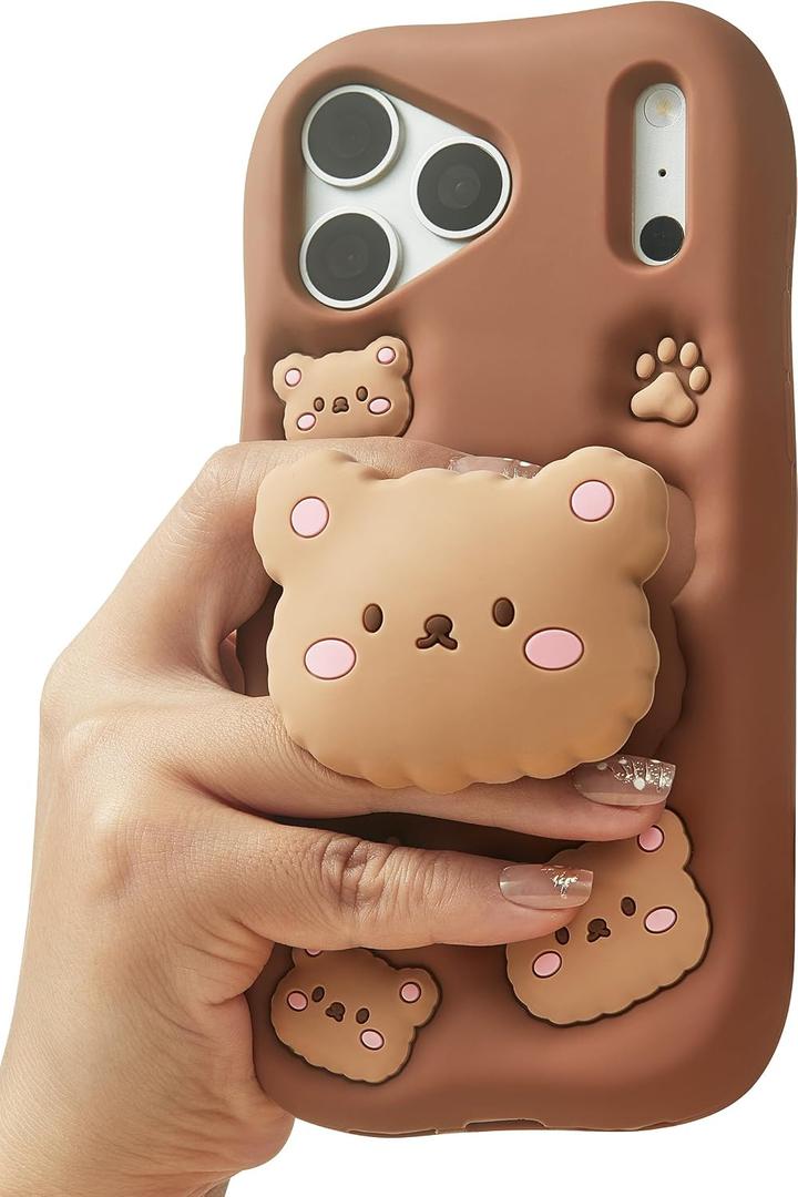 Kawaii 3D Teddy Bear Phone Case for iPhone 17 Pro (with Retractable Phone Stand & Grip) Cute Girly Cartoon Soft Silicone Phone Cover for Girls, Kids, Teens, and Women, Brown