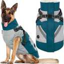 IECOii Dog Winter Coat with Harness Built in, Waterproof Windproof Dog Coats for Large Dogs, Thermal Fleece Cold Weather Jackets with Zip, Outdoor Warm Snow Jacket Reflective, Turquoise Green, XL