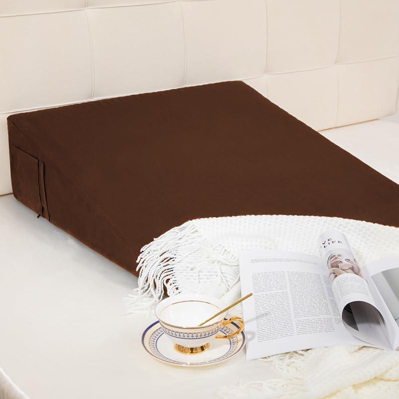 Coffee Wedge Pillow Case Cover,Bed Wedge Pillow Cover with Zipper,24"x24"x12" Pillowcase Protector with Side Pocket for Storage Soft, Breathable, Removable & Machine Washable
