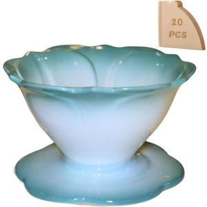 Flower Shape - Ceramic Coffee Dripper, Pour Over Coffee Maker, Resumable Coffee Slow Brewing Accessories for Home Travel (With 20 Coffee filters V60-01 inside) (Sky)