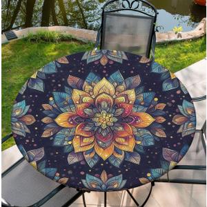 Round Tablecloth Stretch Round Fitted Tablecloth with Elastic, Boho Waterproof Table Cloth for 42"-46" Round Table, 48Inch