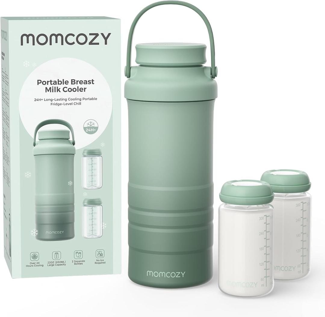 Momcozy 22oz Portable Breast Milk Cooler for Outdoor, Life Saver with 360 Total Cooling for 24 Hours, Larger Capacity Travel Breastmilk Chiller with 2pcs Baby Bottles for Breastmilk Storage (Green)